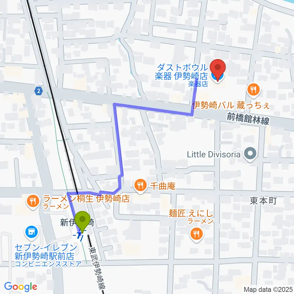 ダストボウル伊勢崎店の最寄駅新伊勢崎駅からの徒歩ルート（約5分）地図