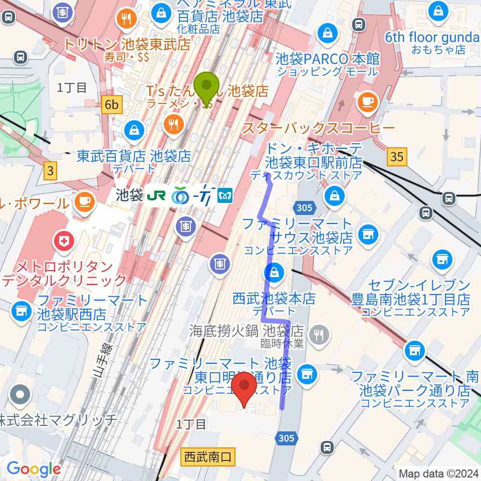 池袋コミュニティ・カレッジの最寄駅池袋駅からの徒歩ルート（約5分）地図