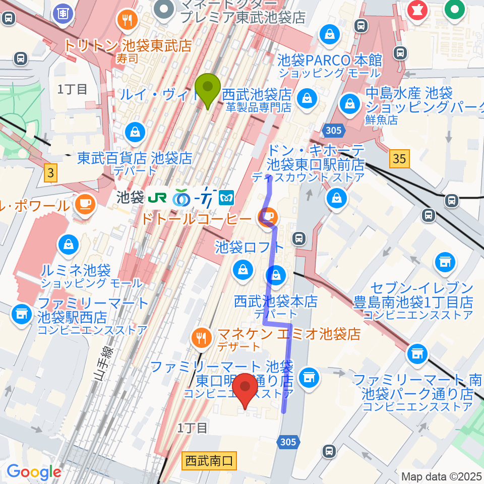 池袋コミュニティ・カレッジの最寄駅池袋駅からの徒歩ルート（約5分）地図