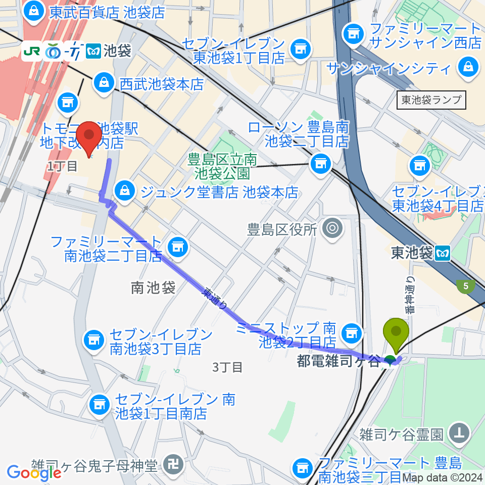 都電雑司ヶ谷駅から池袋コミュニティ・カレッジへのルートマップ地図