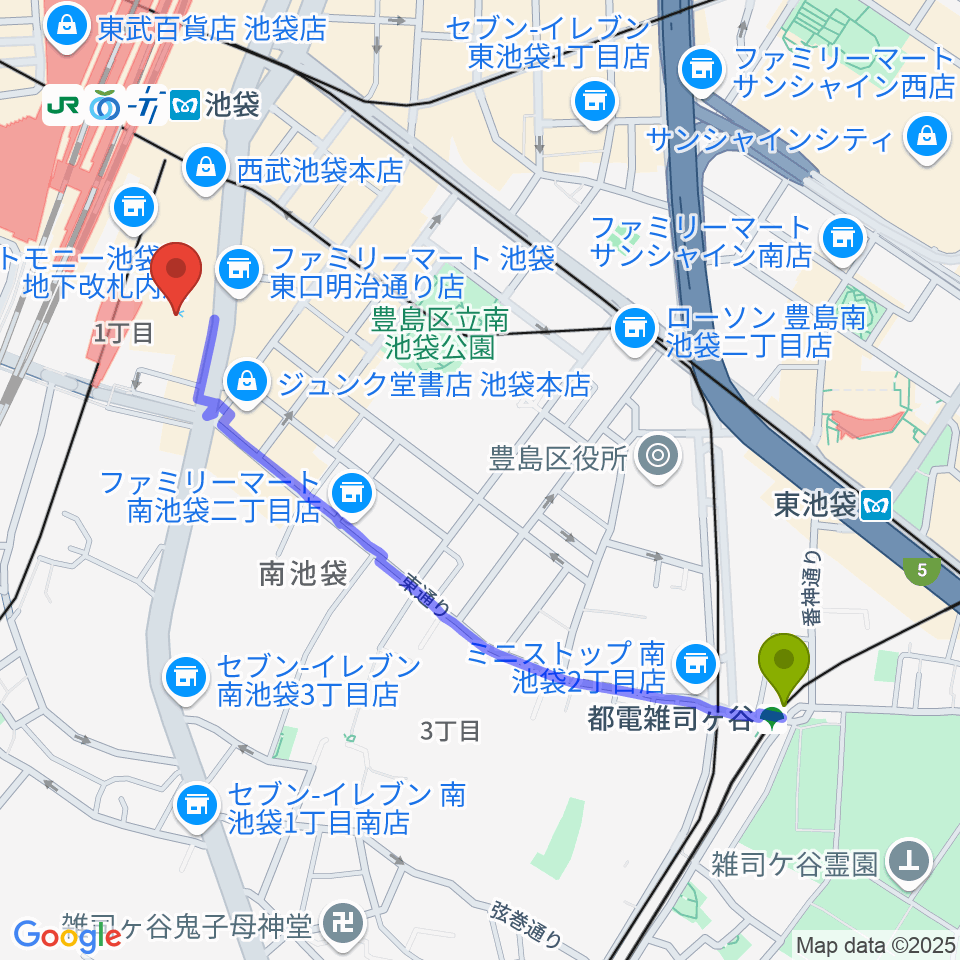 都電雑司ヶ谷駅から池袋コミュニティ・カレッジへのルートマップ地図