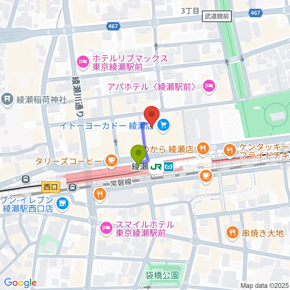 セブンカルチャークラブ綾瀬の最寄駅綾瀬駅からの徒歩ルート（約1分）地図