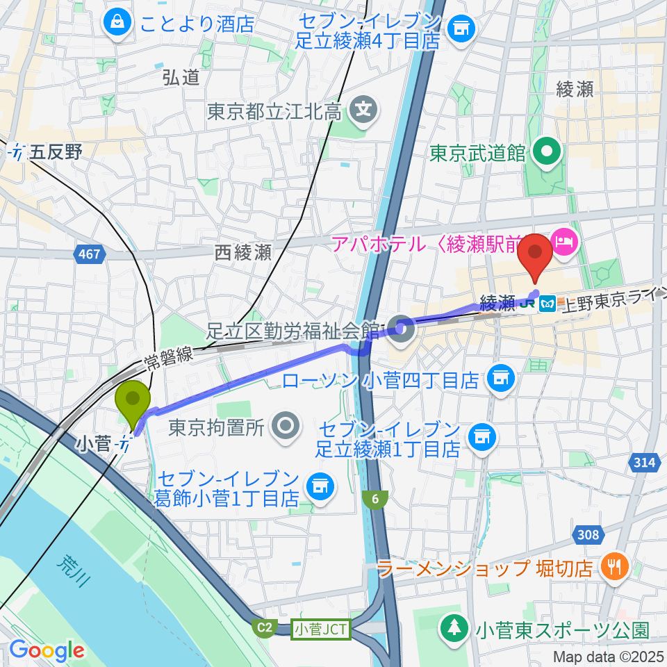 小菅駅からセブンカルチャークラブ綾瀬へのルートマップ地図