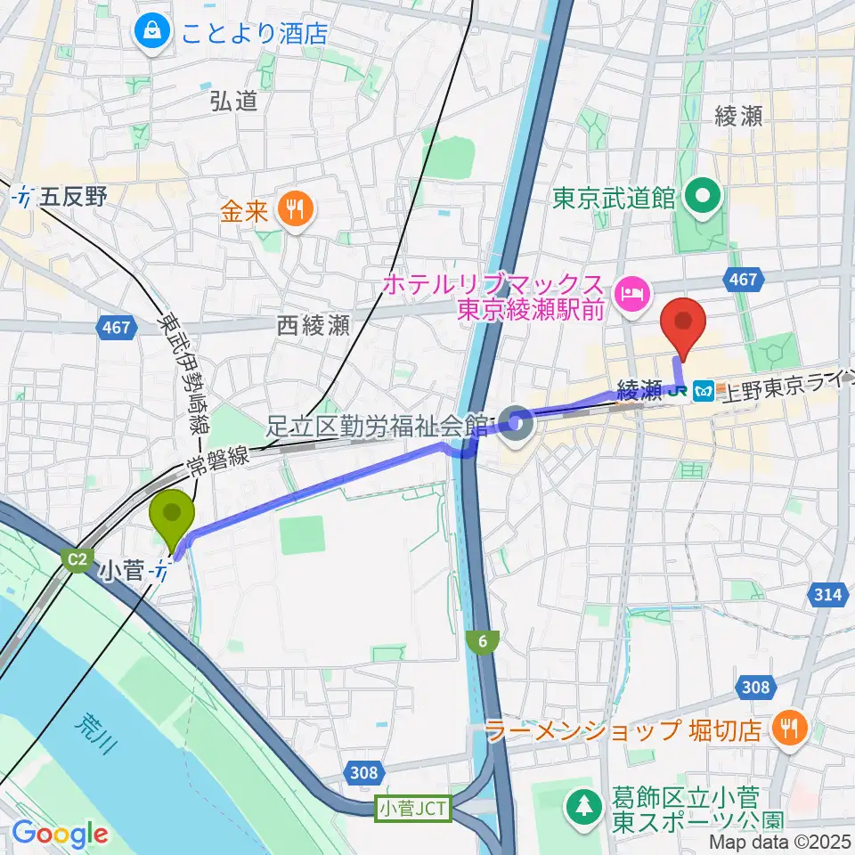 小菅駅からセブンカルチャークラブ綾瀬へのルートマップ地図
