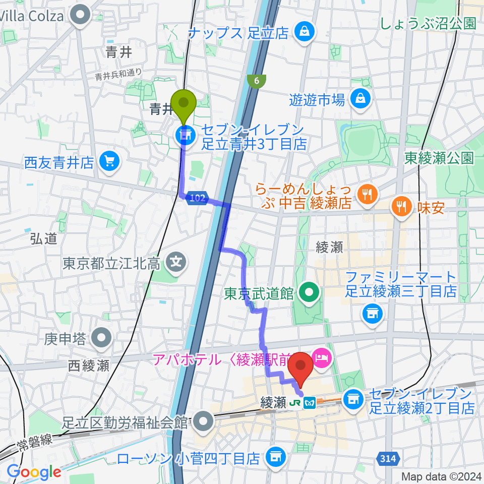 青井駅からセブンカルチャークラブ綾瀬へのルートマップ地図