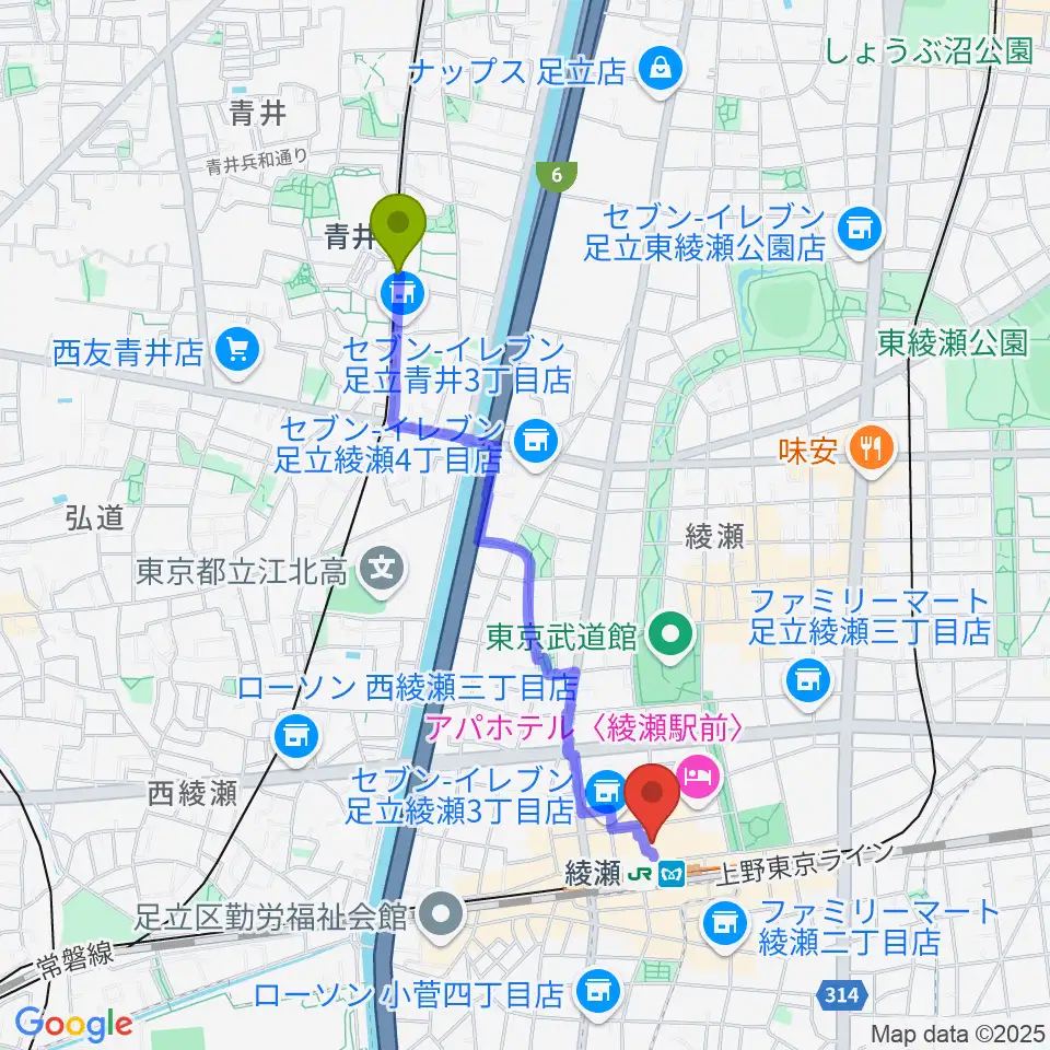 青井駅からセブンカルチャークラブ綾瀬へのルートマップ地図