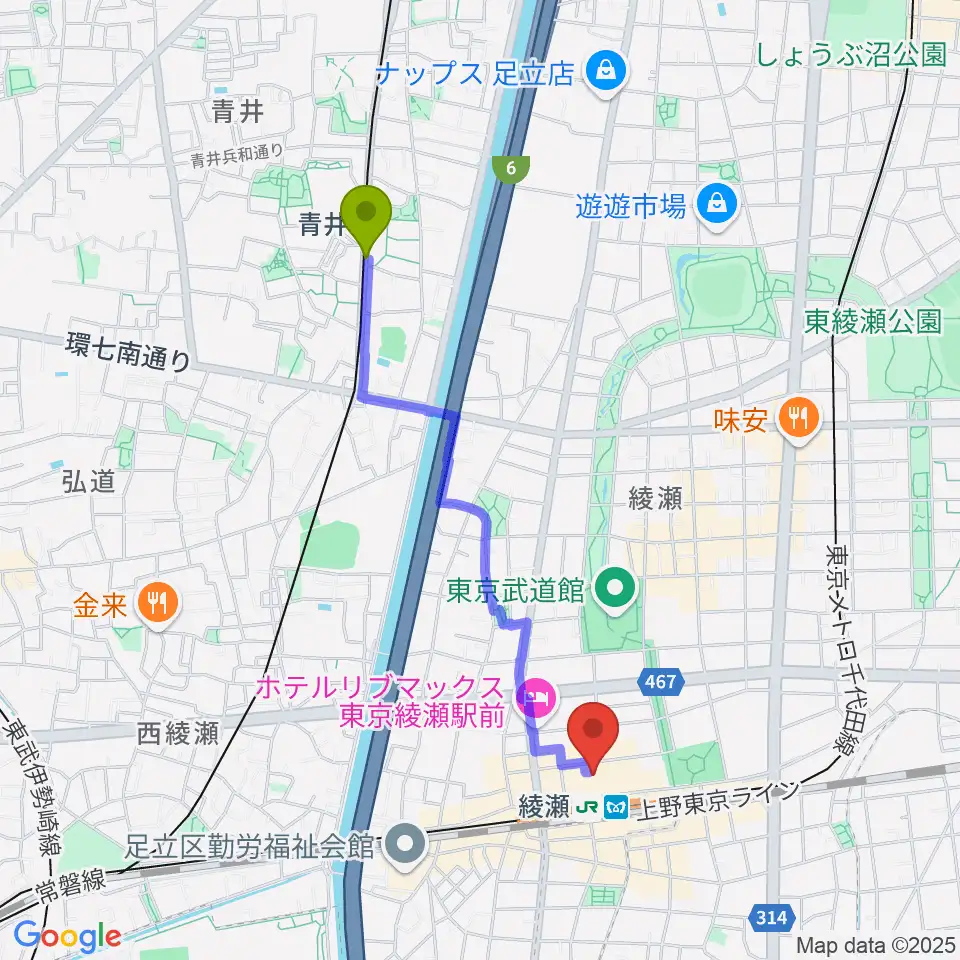 青井駅からセブンカルチャークラブ綾瀬へのルートマップ地図