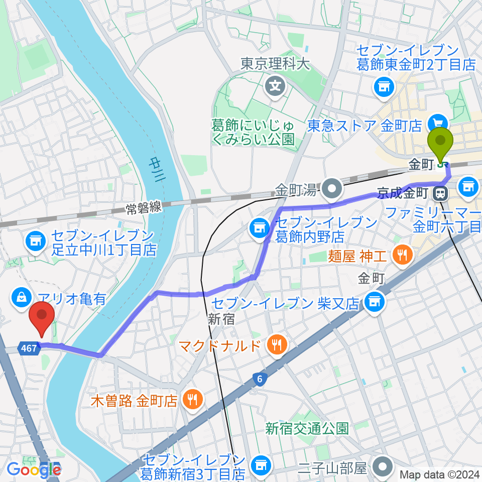 金町駅からセブンカルチャークラブ亀有へのルートマップ地図