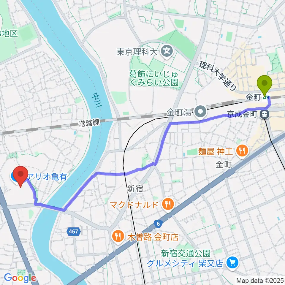 金町駅からセブンカルチャークラブ亀有へのルートマップ地図