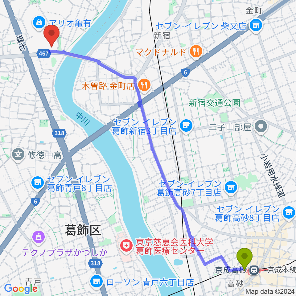 京成高砂駅からセブンカルチャークラブ亀有へのルートマップ地図