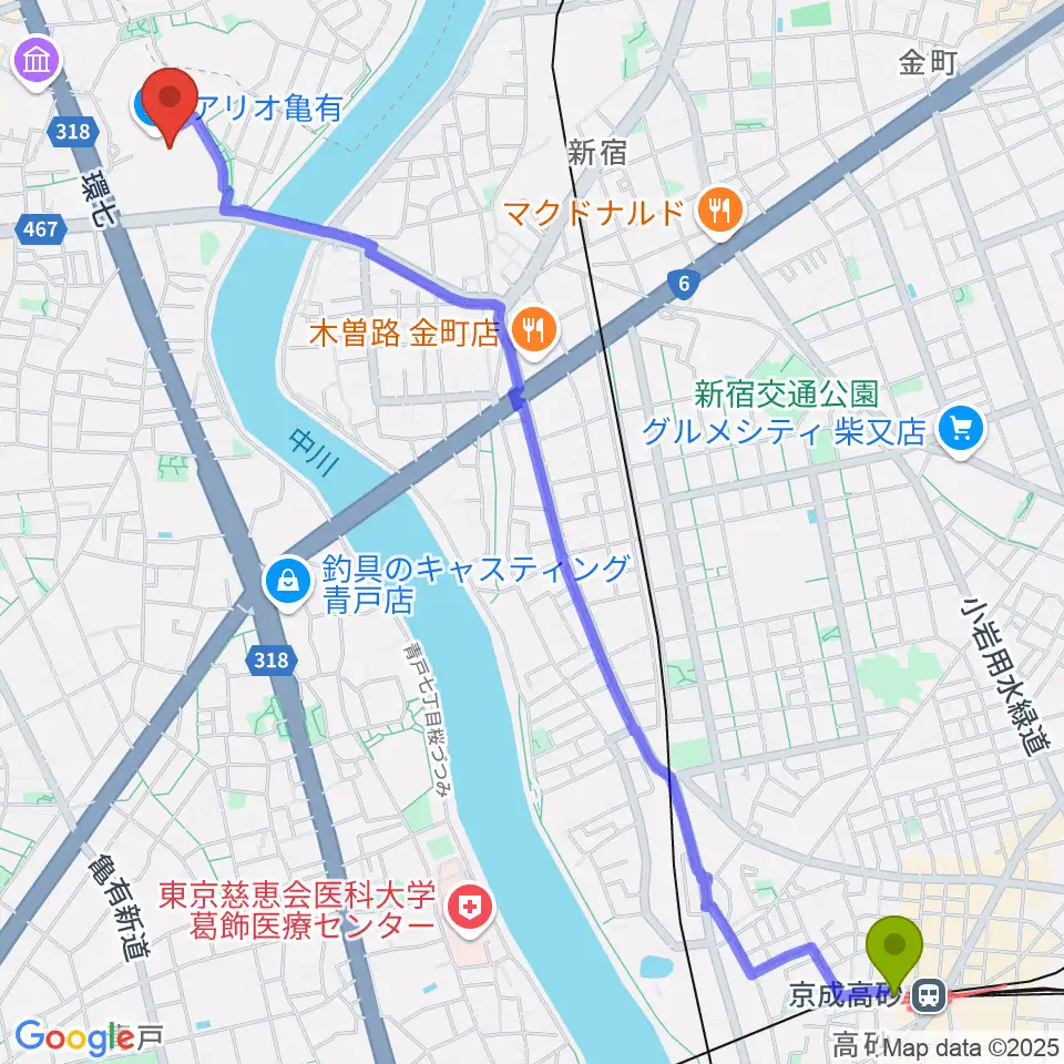 京成高砂駅からセブンカルチャークラブ亀有へのルートマップ地図