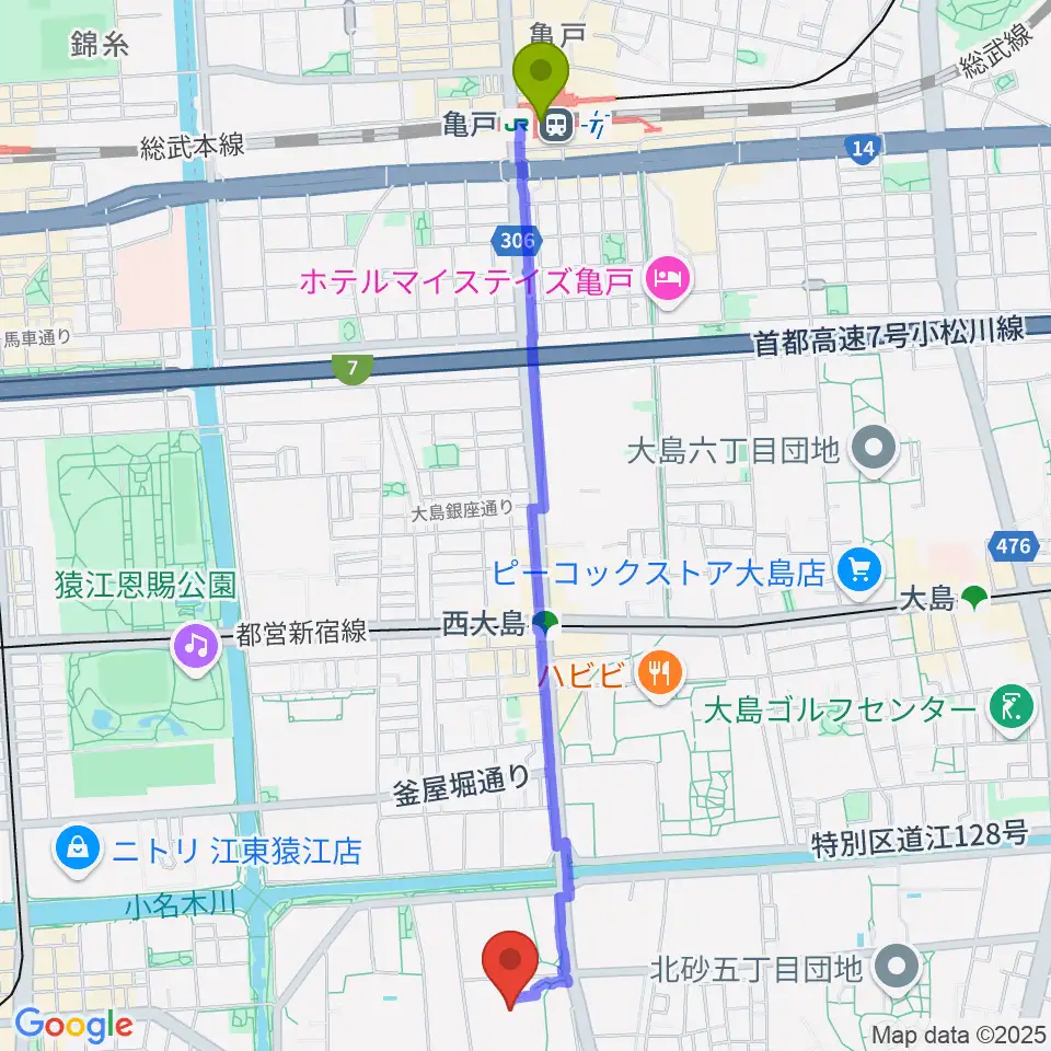 亀戸駅からセブンカルチャークラブ北砂へのルートマップ地図