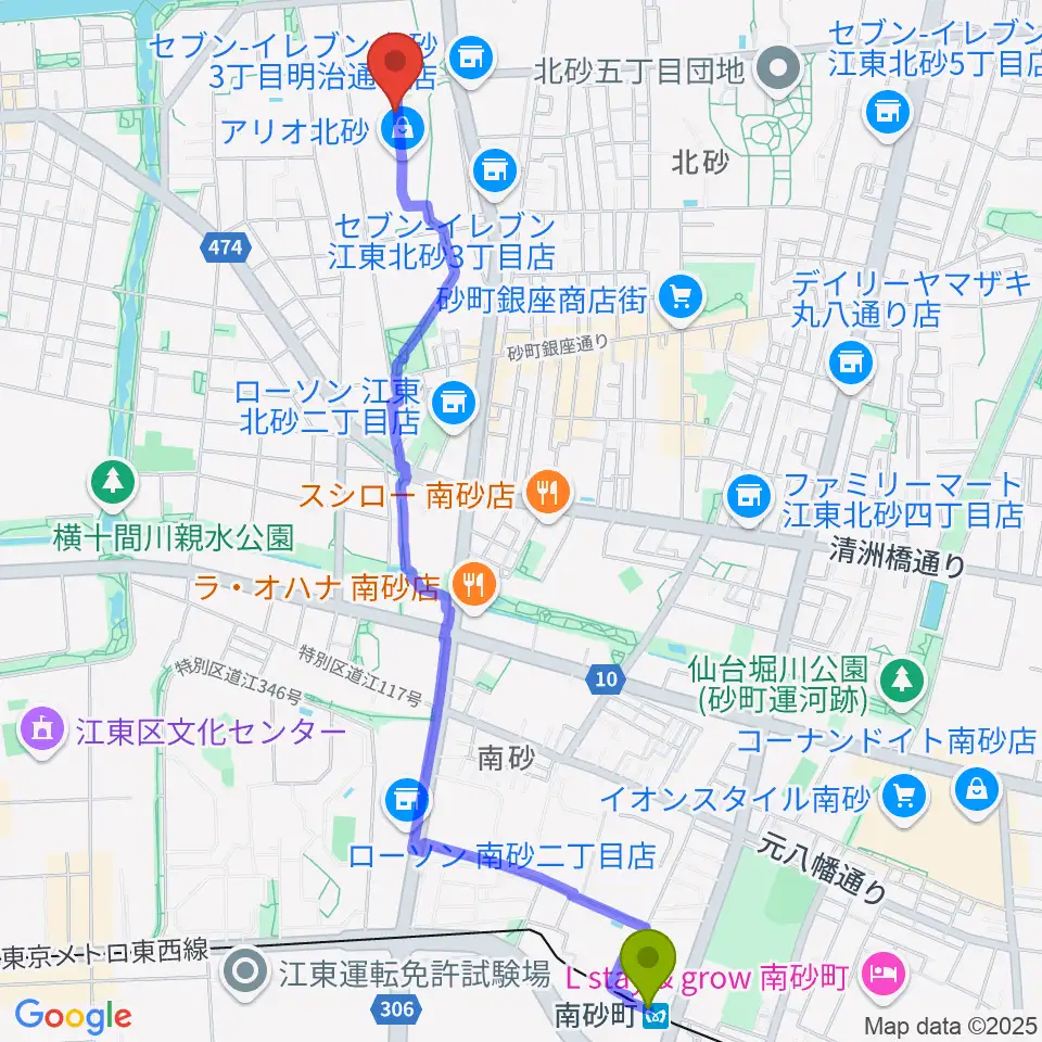 南砂町駅からセブンカルチャークラブ北砂へのルートマップ地図