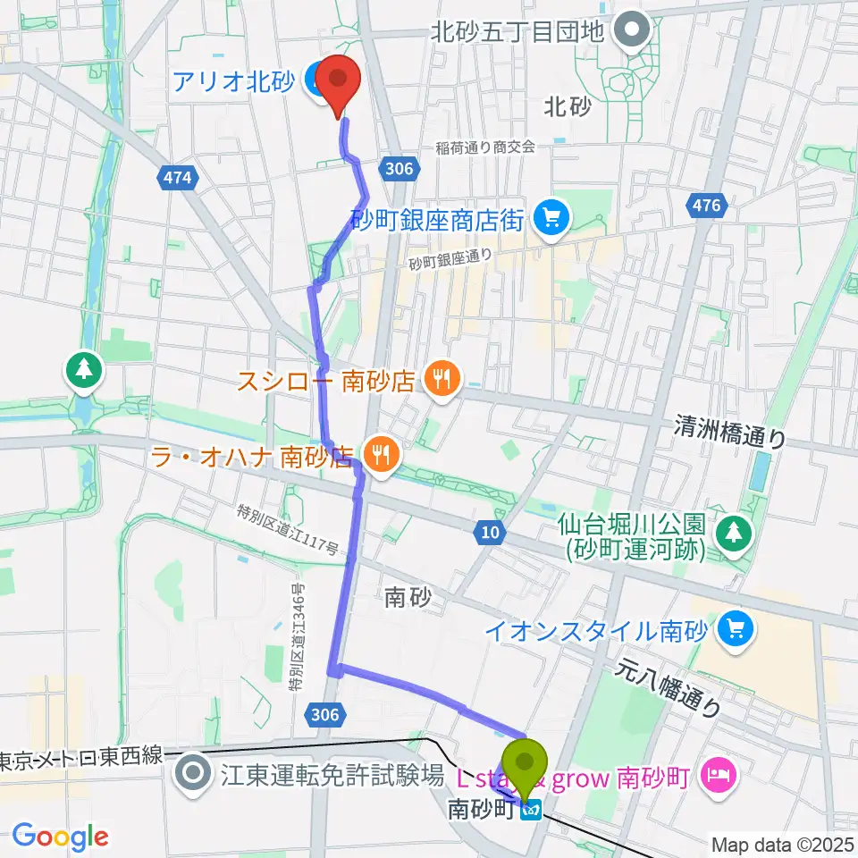 南砂町駅からセブンカルチャークラブ北砂へのルートマップ地図