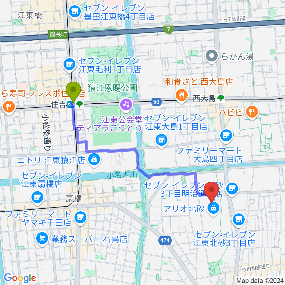 住吉駅からセブンカルチャークラブ北砂へのルートマップ地図