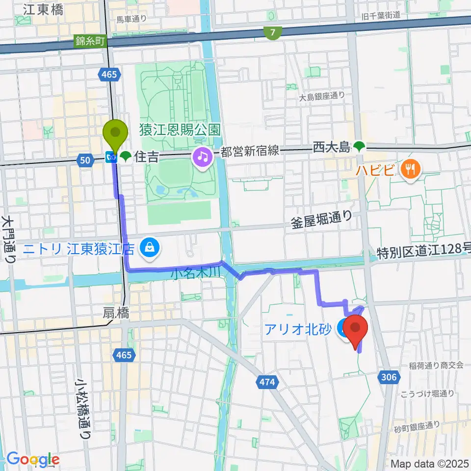 住吉駅からセブンカルチャークラブ北砂へのルートマップ地図