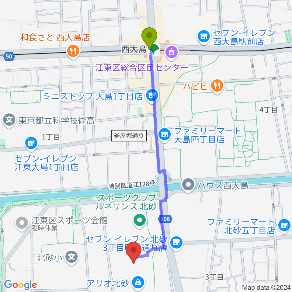 セブンカルチャークラブ北砂の最寄駅西大島駅からの徒歩ルート（約11分）地図