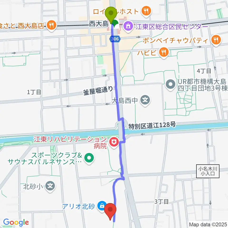 セブンカルチャークラブ北砂の最寄駅西大島駅からの徒歩ルート（約13分）地図