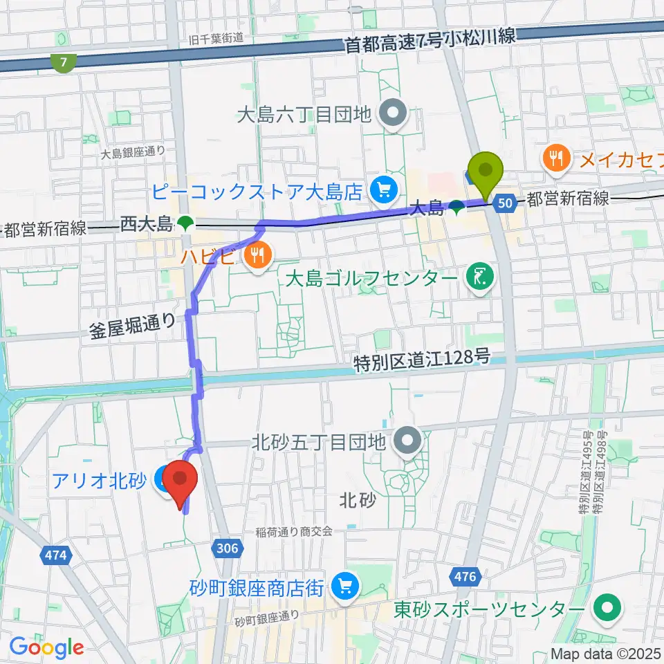大島駅からセブンカルチャークラブ北砂へのルートマップ地図