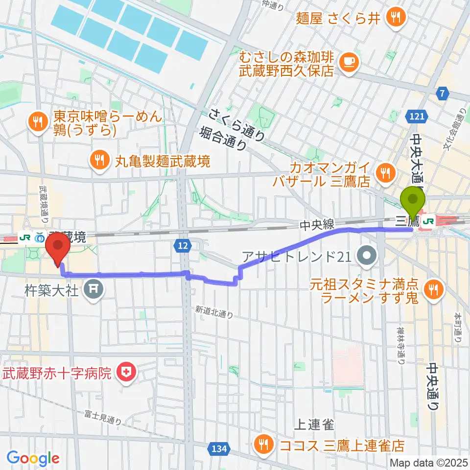 三鷹駅からセブンカルチャークラブ武蔵境へのルートマップ地図