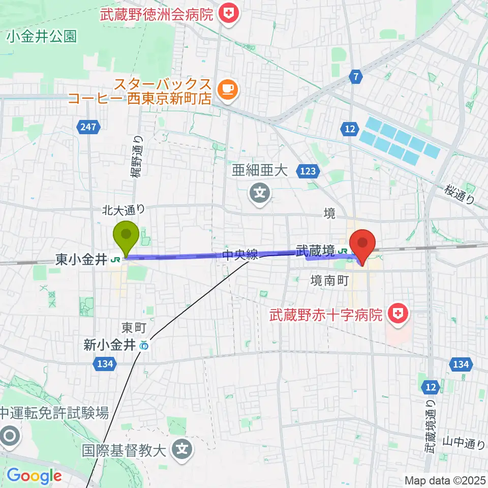 東小金井駅からセブンカルチャークラブ武蔵境へのルートマップ地図