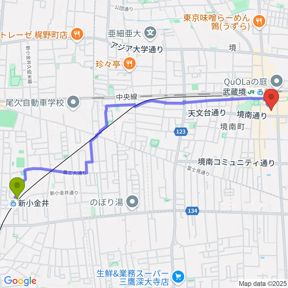 新小金井駅からセブンカルチャークラブ武蔵境へのルートマップ地図