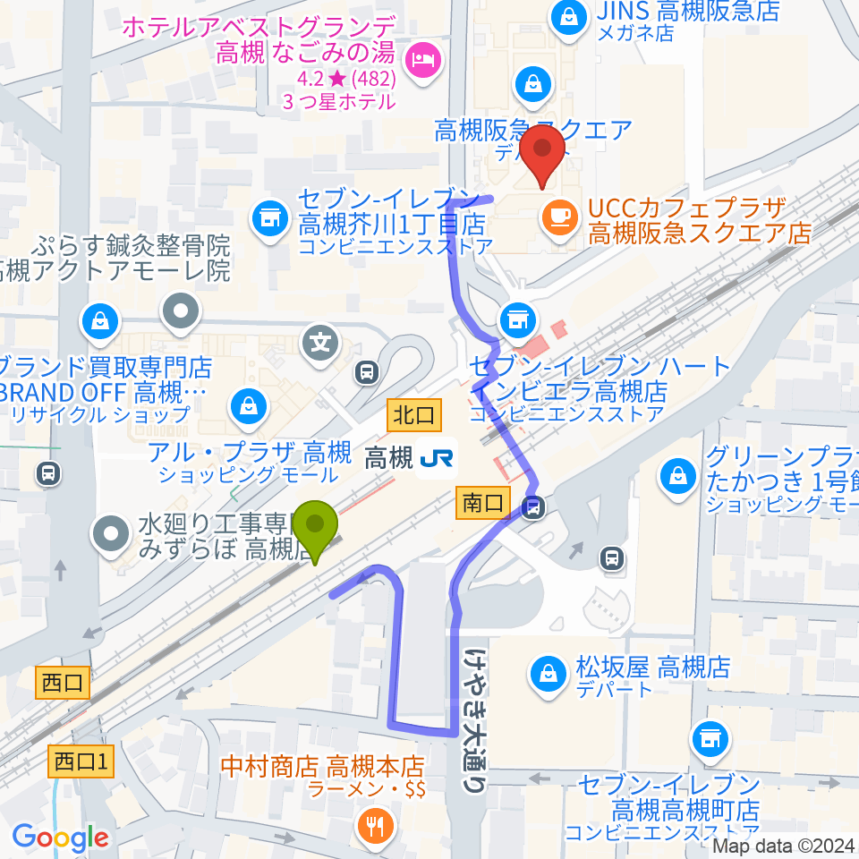 タワーレコード高槻阪急スクエア店の最寄駅高槻駅からの徒歩ルート（約4分）地図