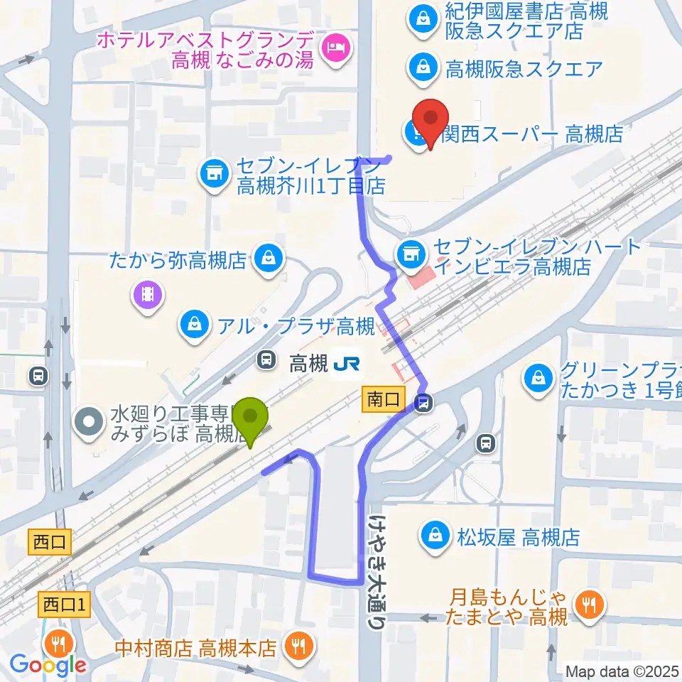 タワーレコード高槻阪急スクエア店の最寄駅高槻駅からの徒歩ルート（約4分）地図