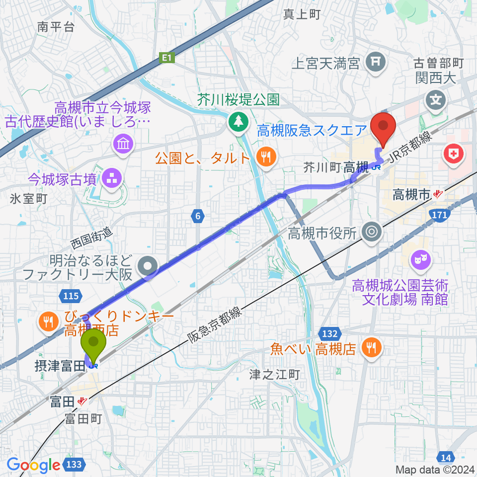 摂津富田駅からタワーレコード高槻阪急スクエア店へのルートマップ地図