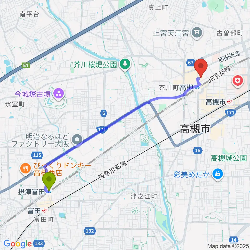 摂津富田駅からタワーレコード高槻阪急スクエア店へのルートマップ地図