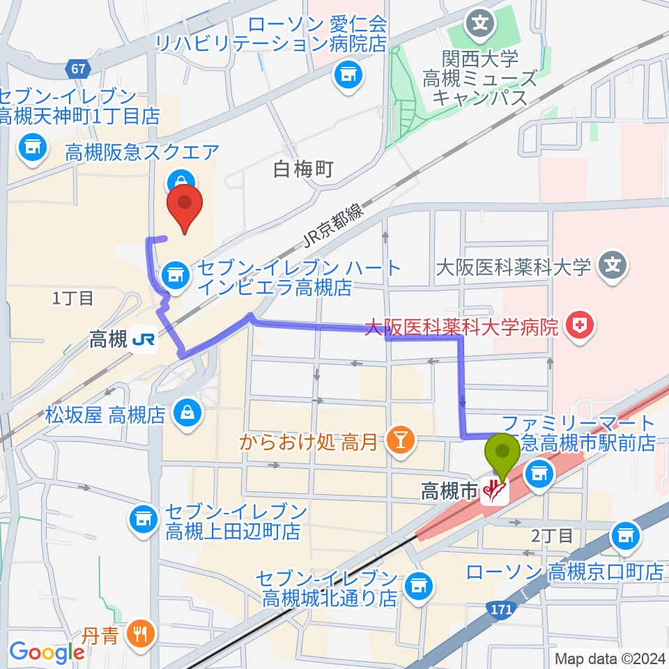 高槻市駅からタワーレコード高槻阪急スクエア店へのルートマップ地図