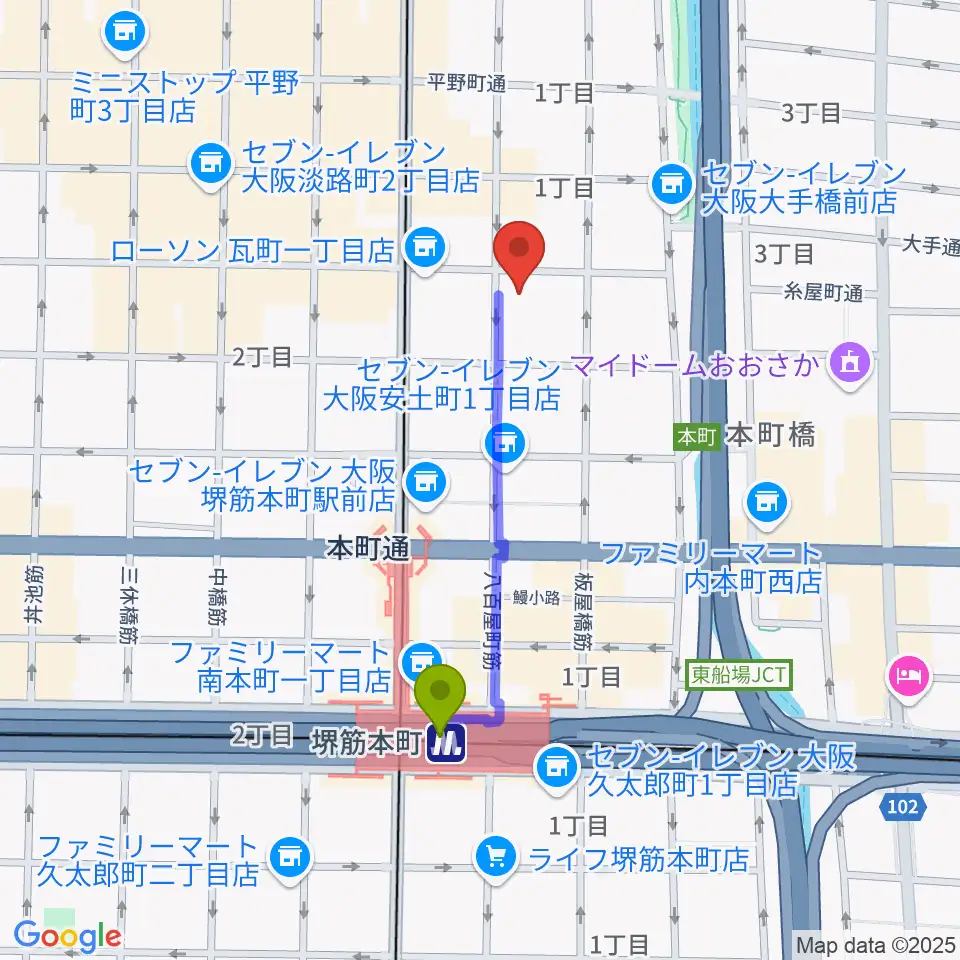 ライブスポットテンションの最寄駅堺筋本町駅からの徒歩ルート（約7分） MDATA