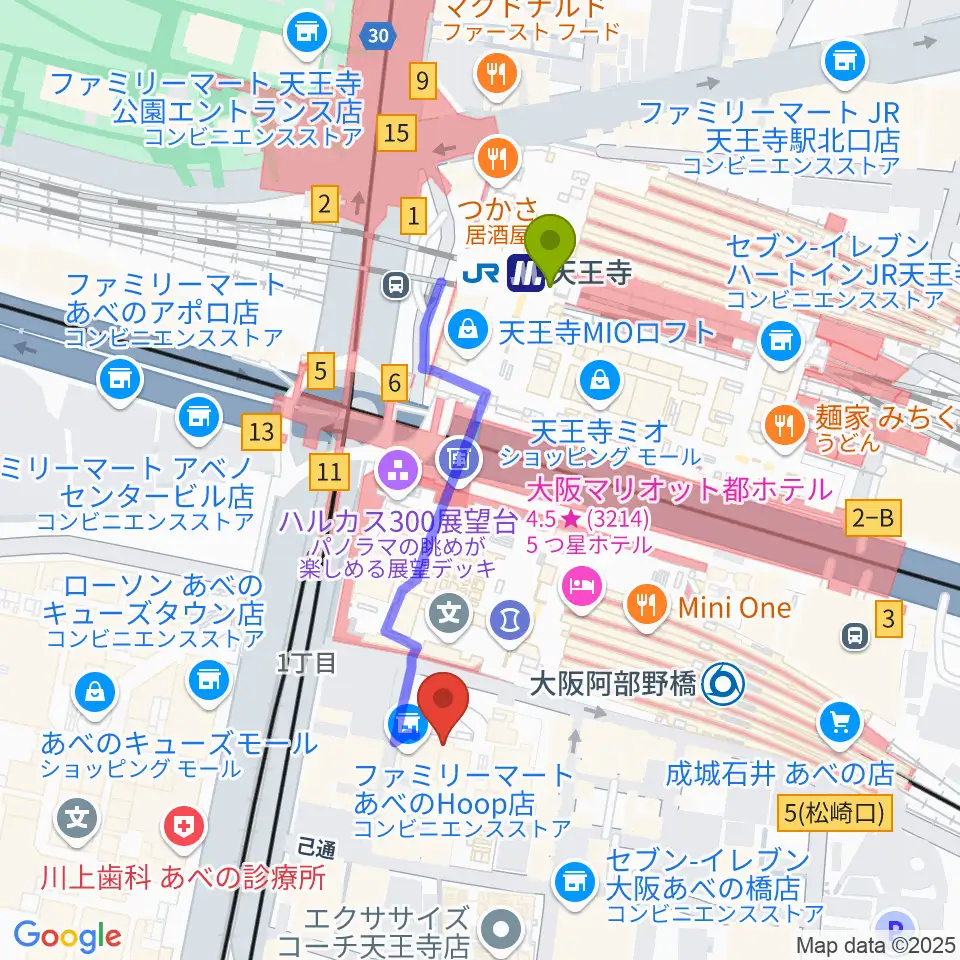 タワーレコード あべのHoop店の最寄駅天王寺駅からの徒歩ルート（約4分）地図