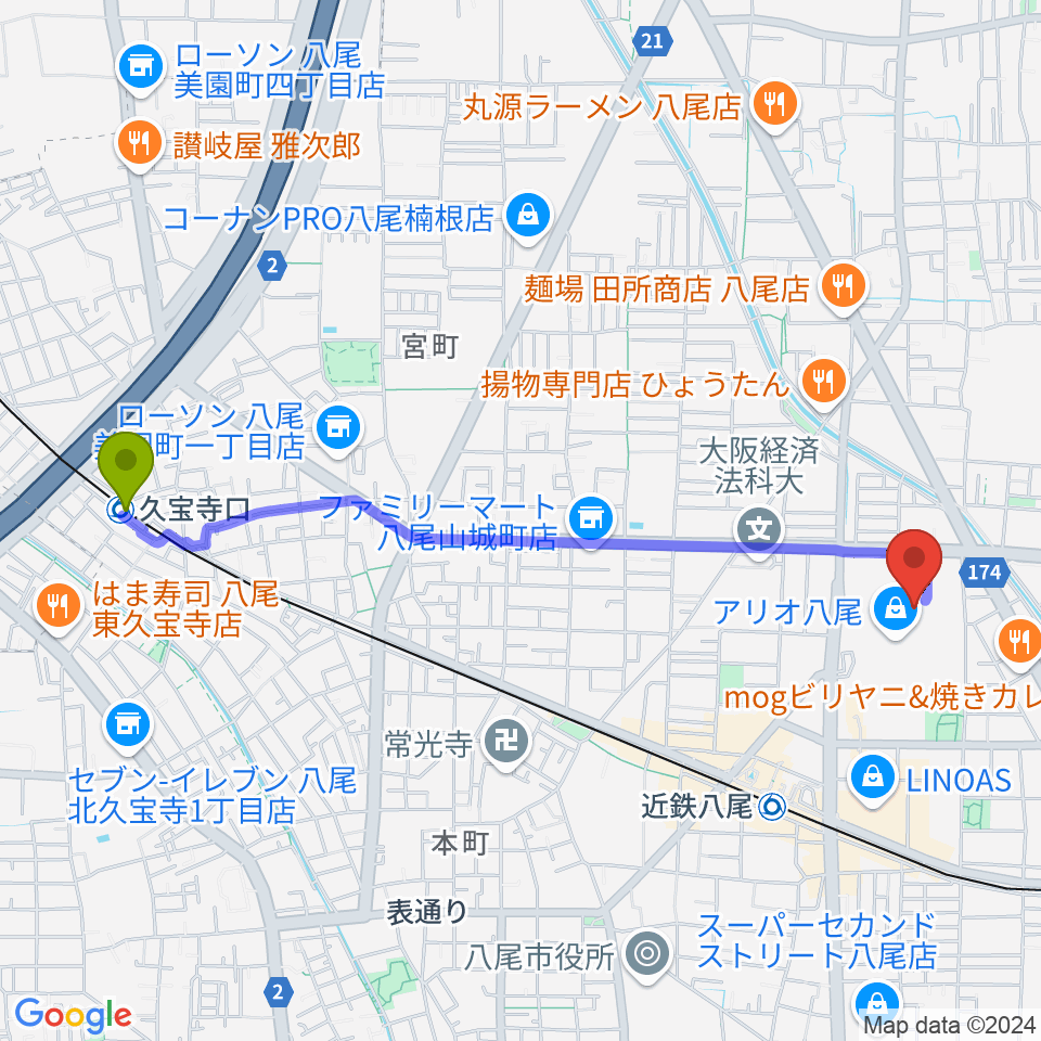 久宝寺口駅からタワーレコード アリオ八尾店へのルートマップ地図