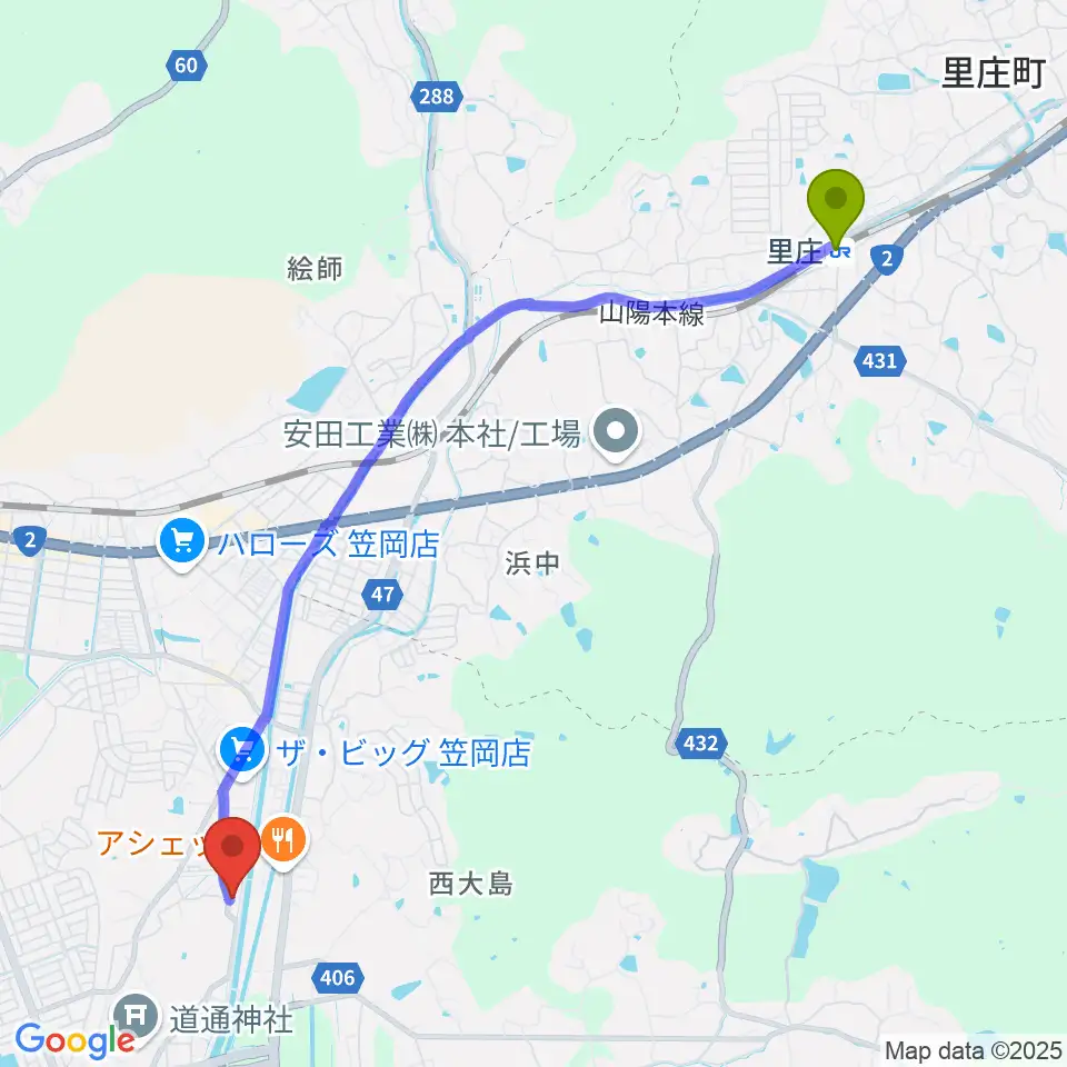 里庄駅からSound Cafe樂遊へのルートマップ地図