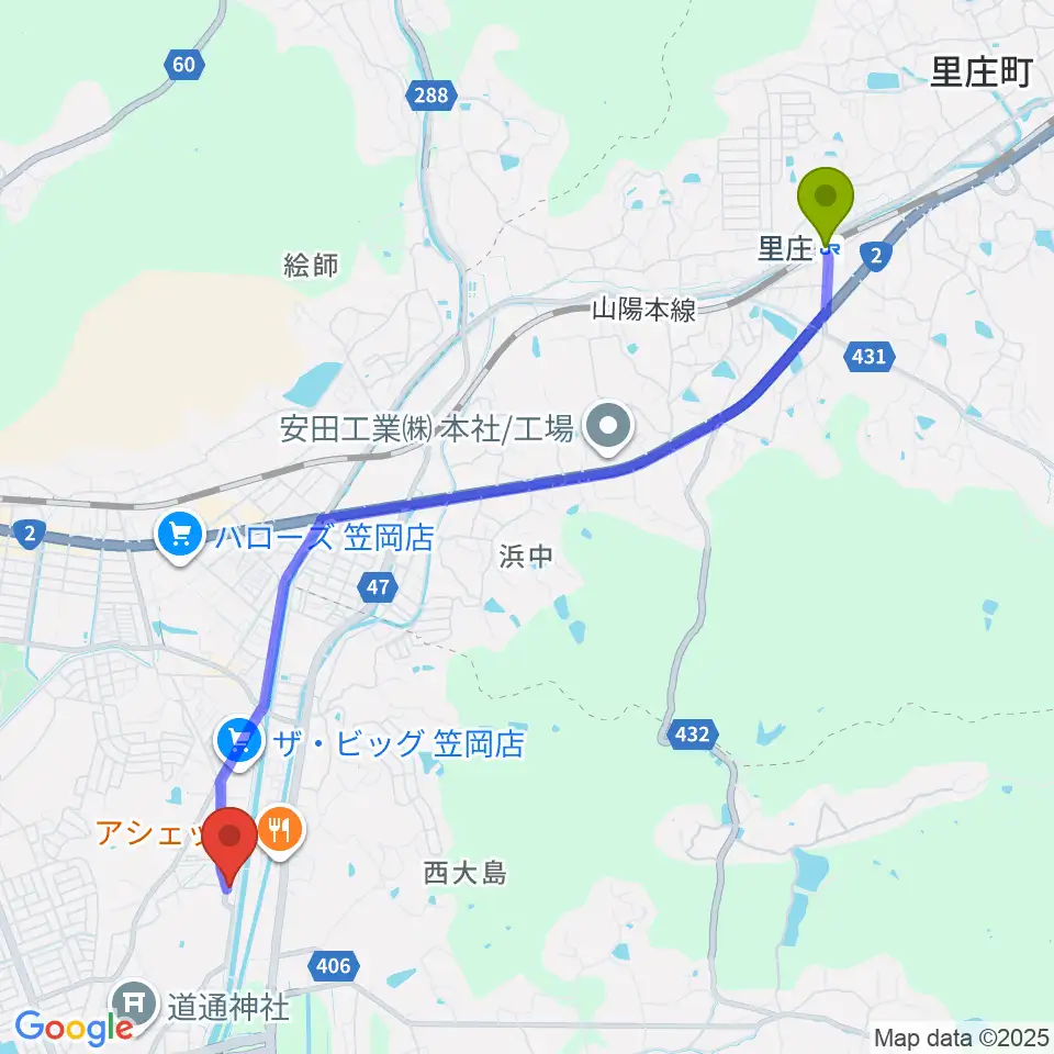 里庄駅からSound Cafe樂遊へのルートマップ地図