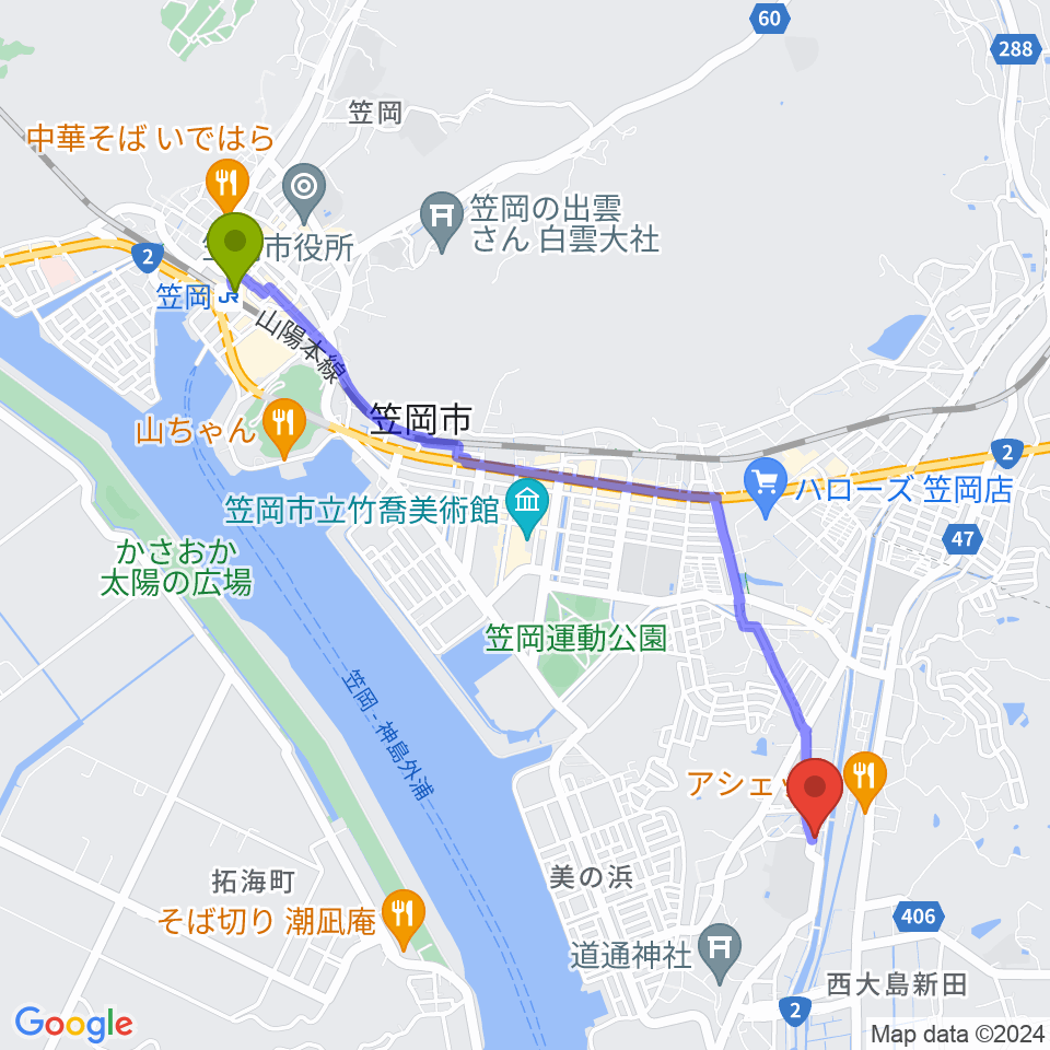 Sound Cafe樂遊の最寄駅笠岡駅からの徒歩ルート（約48分）地図