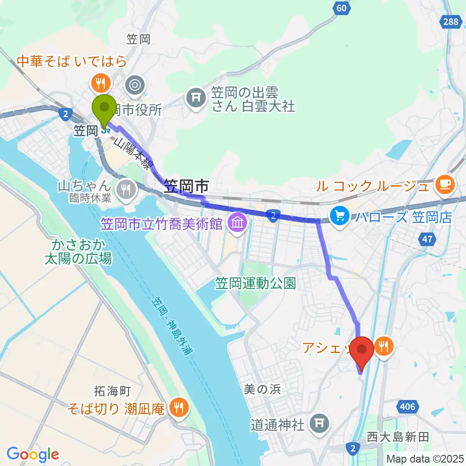 Sound Cafe樂遊の最寄駅笠岡駅からの徒歩ルート（約48分）地図