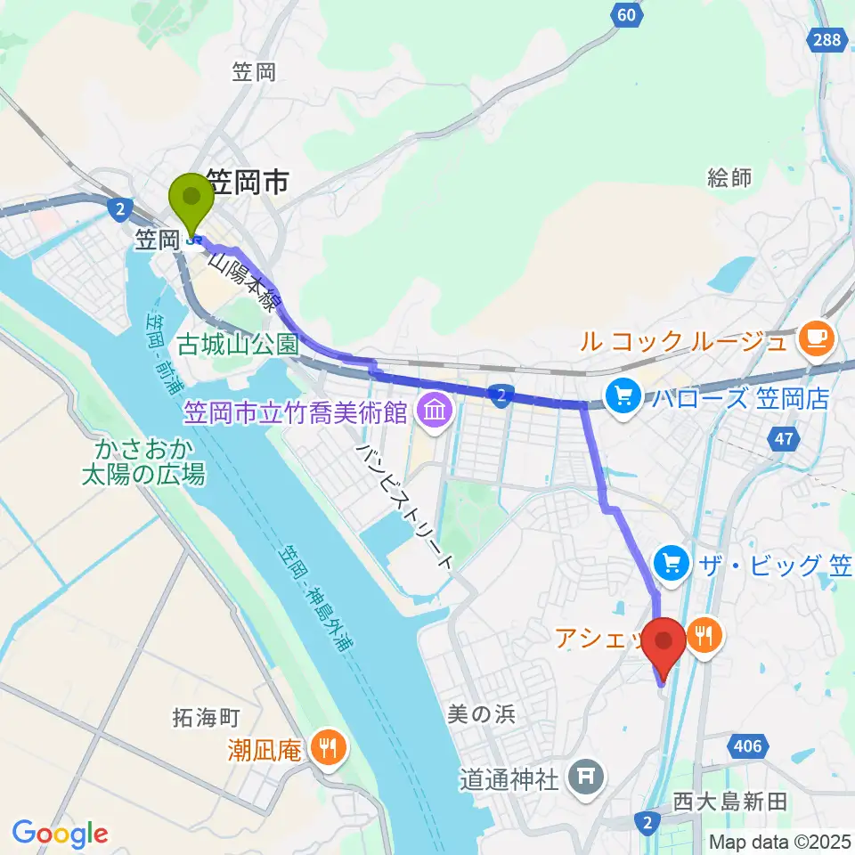 Sound Cafe樂遊の最寄駅笠岡駅からの徒歩ルート（約48分）地図