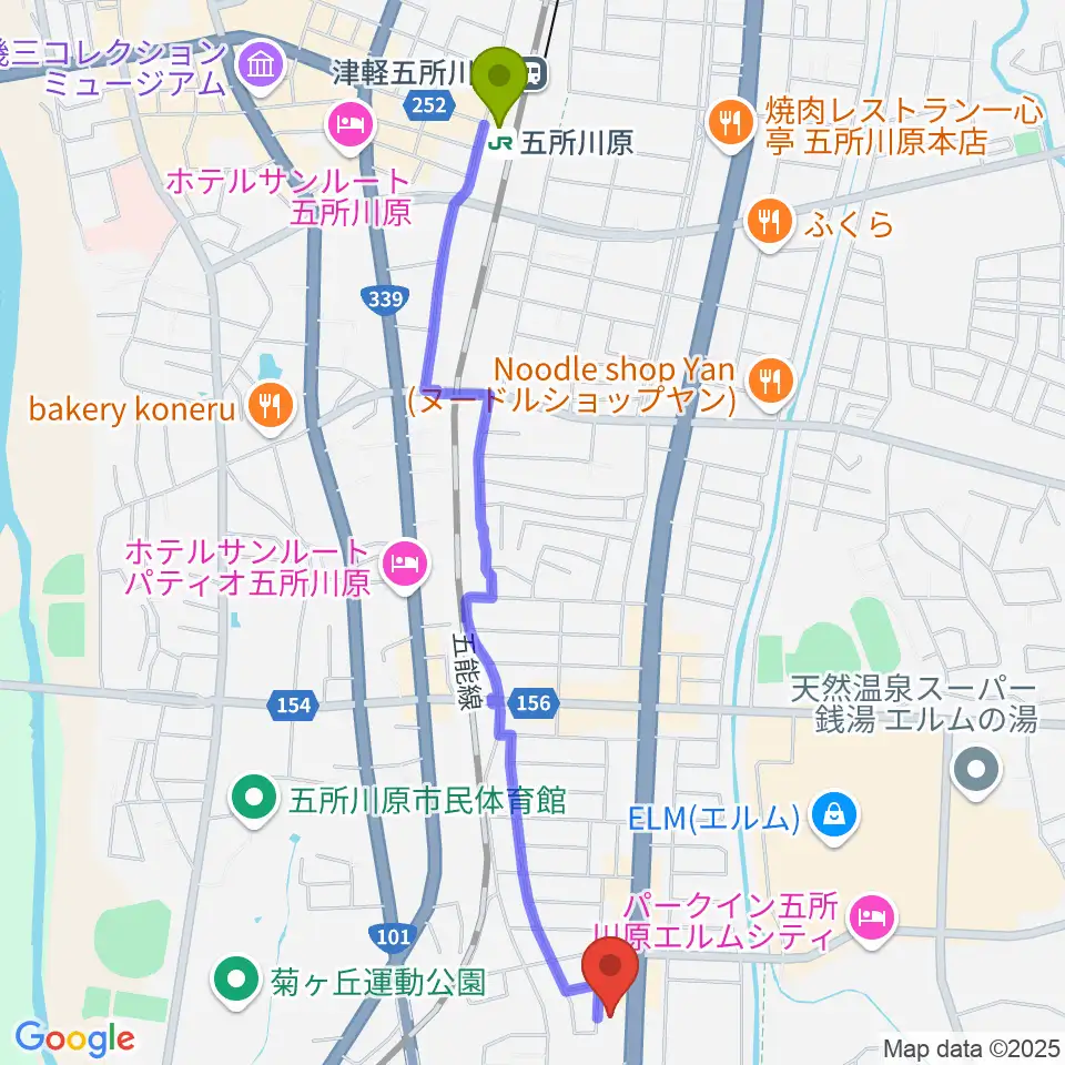 ゲオ五所川原店の最寄駅五所川原駅からの徒歩ルート（約24分）地図