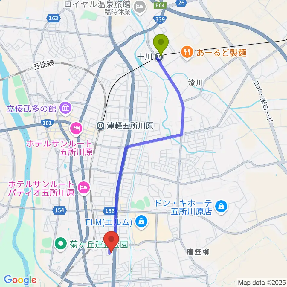 十川駅からゲオ五所川原店へのルートマップ地図