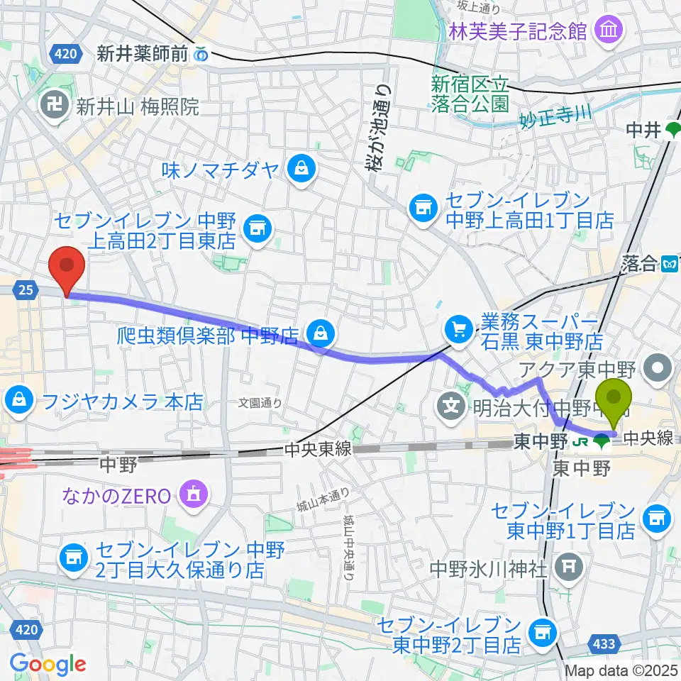 東中野駅から中野heavysick ZEROへのルートマップ地図