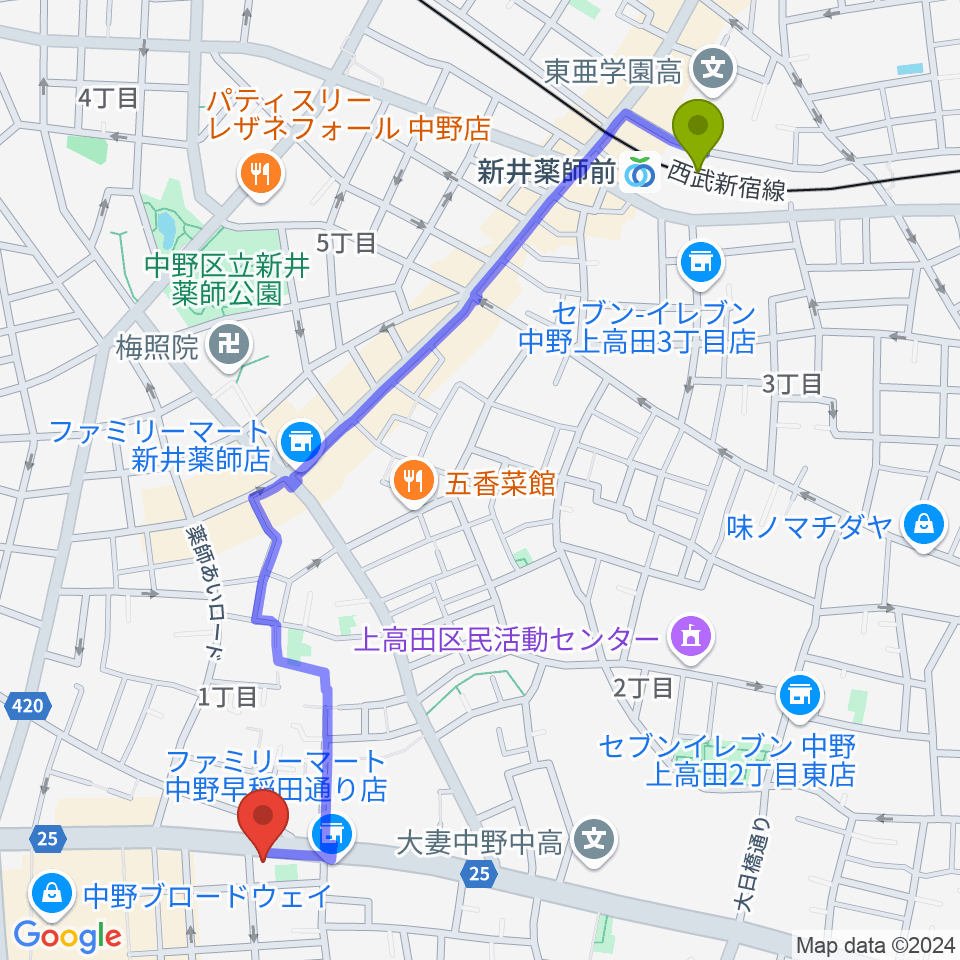 新井薬師前駅から中野heavysick ZEROへのルートマップ地図