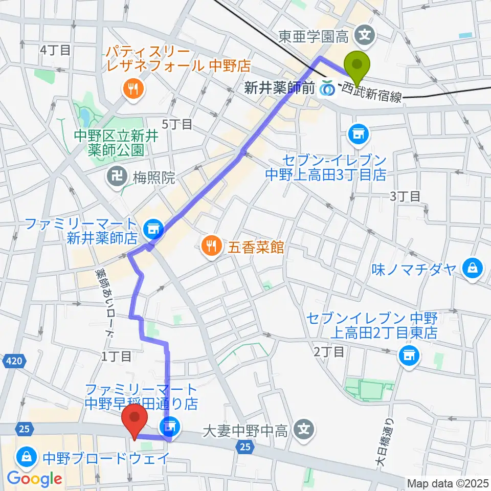 新井薬師前駅から中野heavysick ZEROへのルートマップ地図