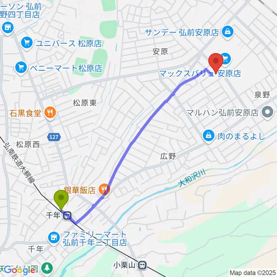千年駅からゲオ弘前安原店へのルートマップ地図
