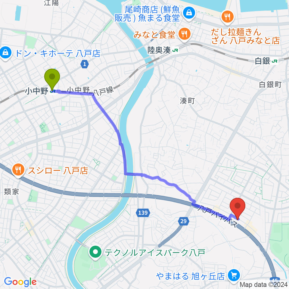 小中野駅からゲオ八戸湊高台店へのルートマップ地図