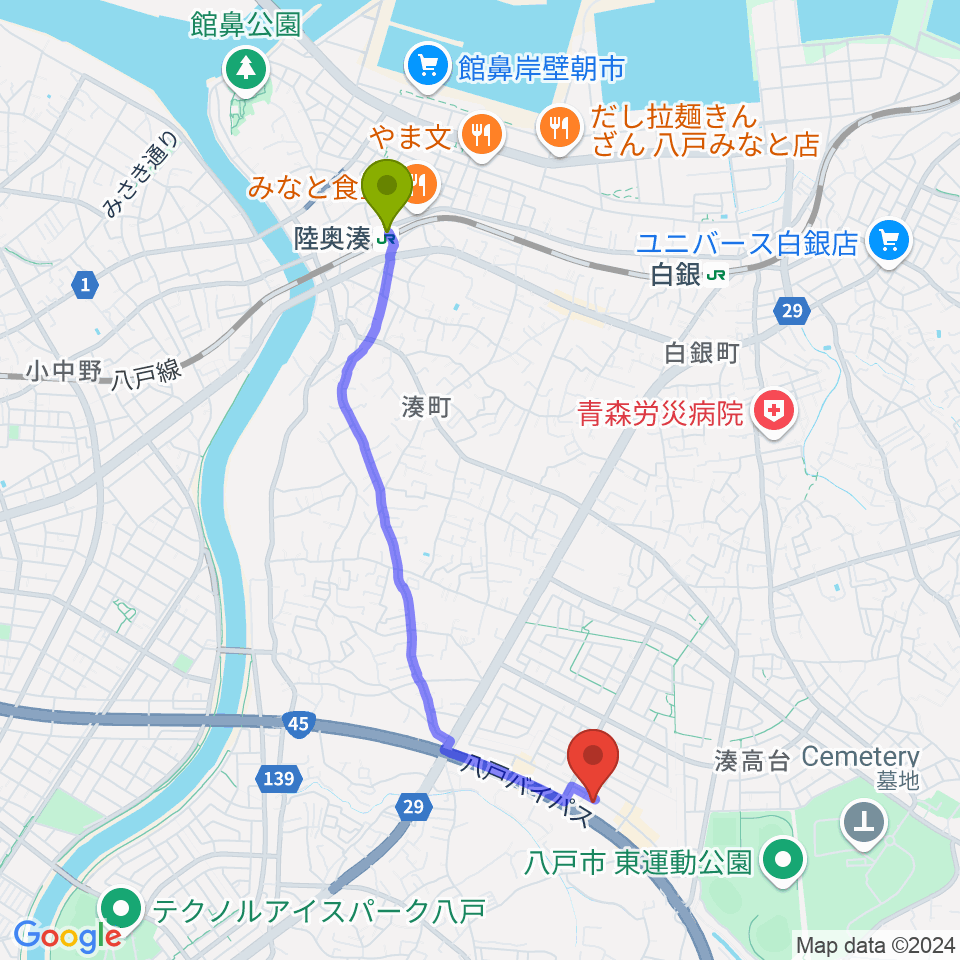 陸奥湊駅からゲオ八戸湊高台店へのルートマップ地図