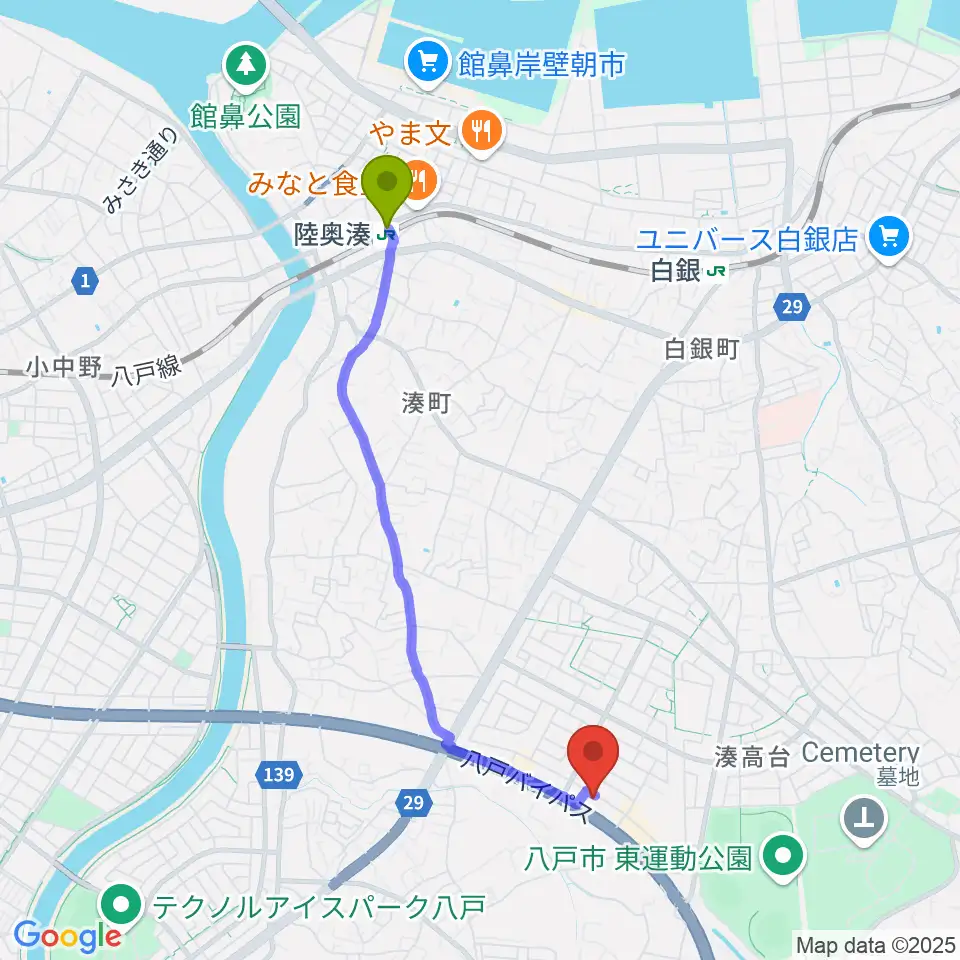 陸奥湊駅からゲオ八戸湊高台店へのルートマップ地図