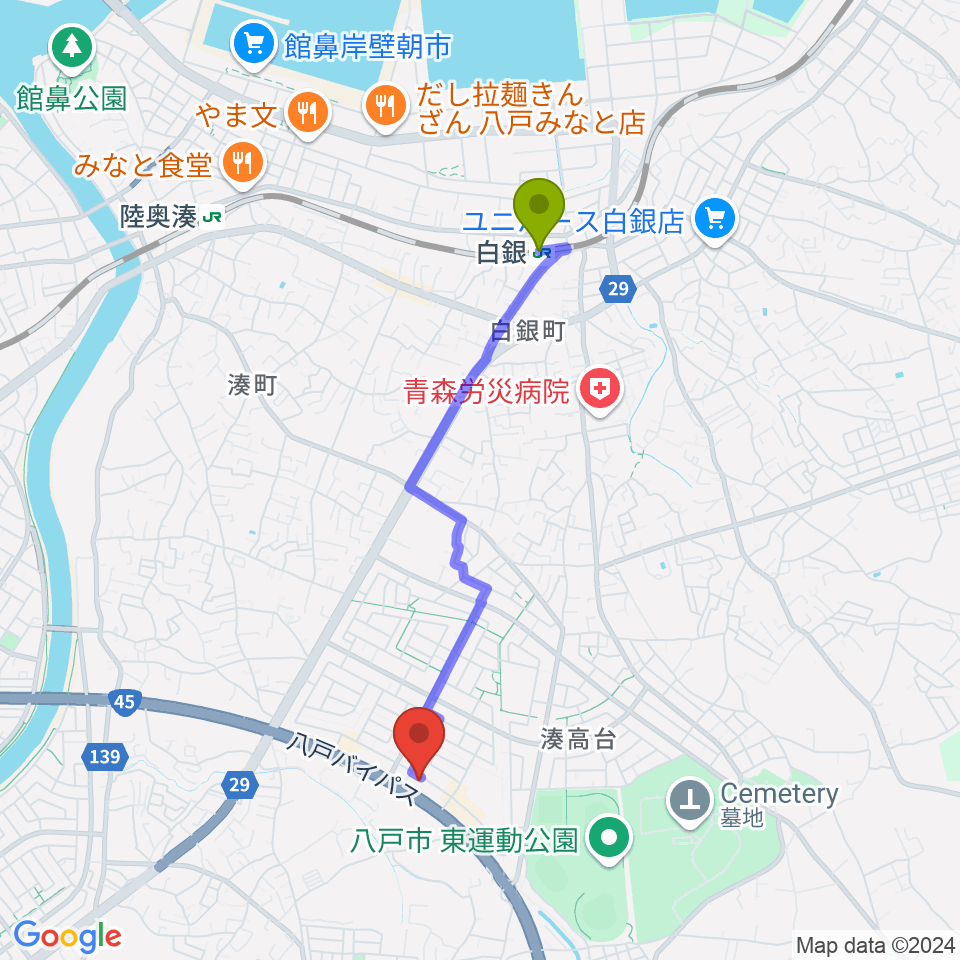 ゲオ八戸湊高台店の最寄駅白銀駅からの徒歩ルート（約33分）地図