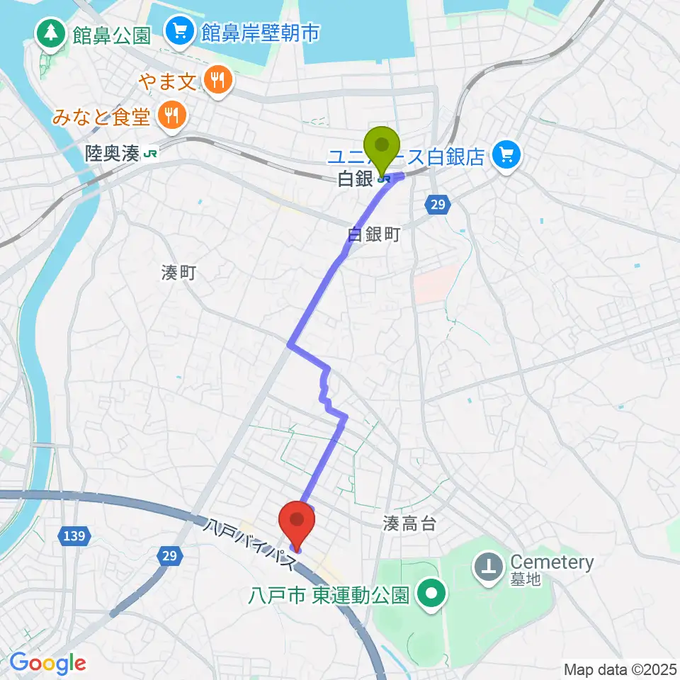 ゲオ八戸湊高台店の最寄駅白銀駅からの徒歩ルート（約33分）地図